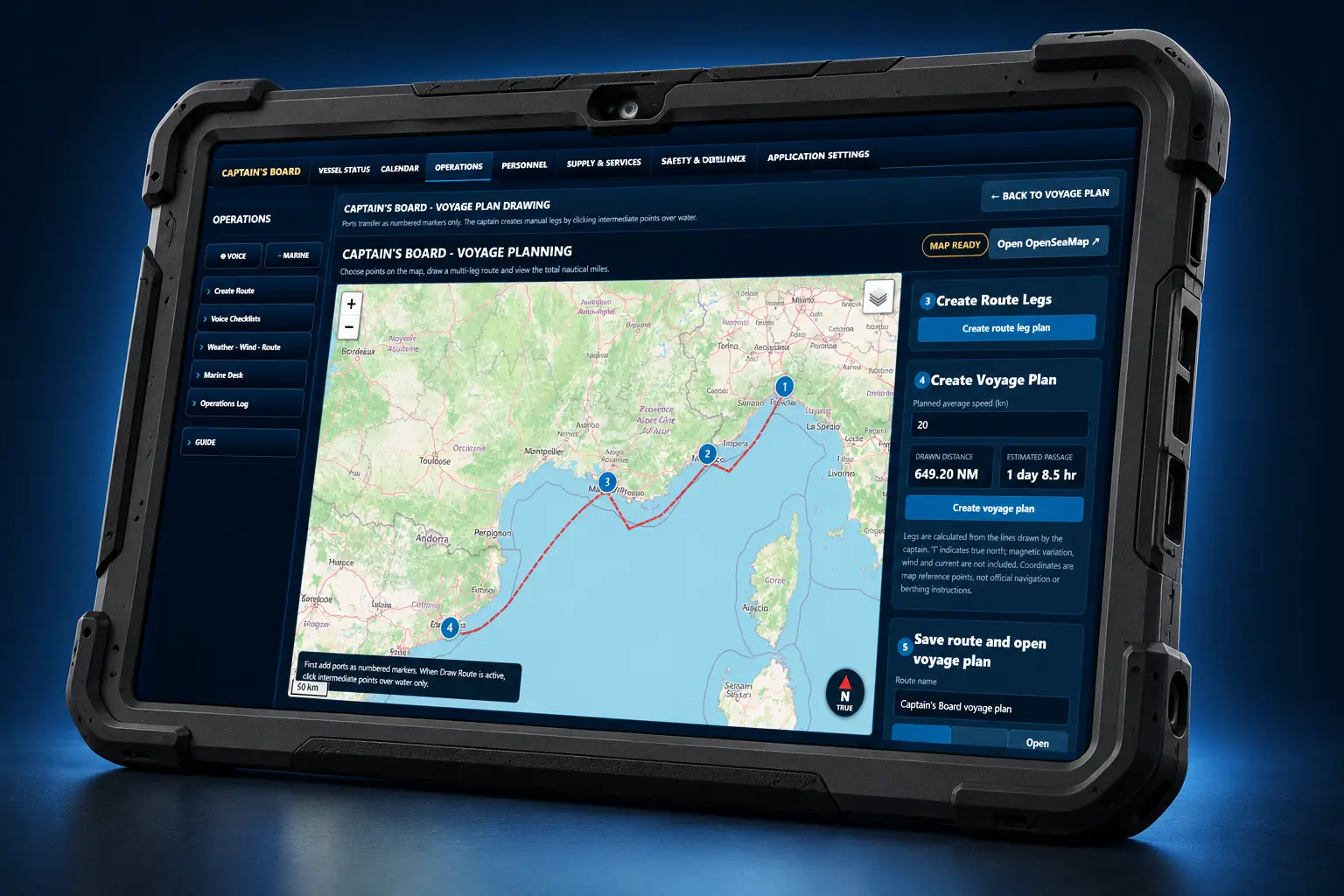 Captain’s Board™ interface inside a rugged tablet